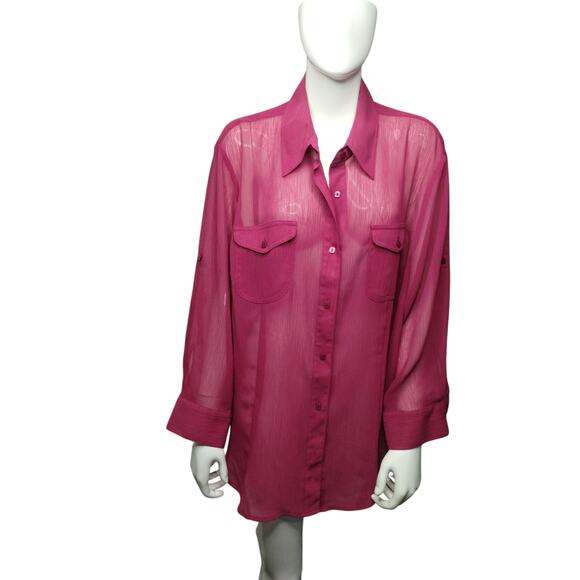 Emma James Womens Textured Button Up Classic Sheer Beachy Resortwear Roll-up 3X - Picture 8 of 12